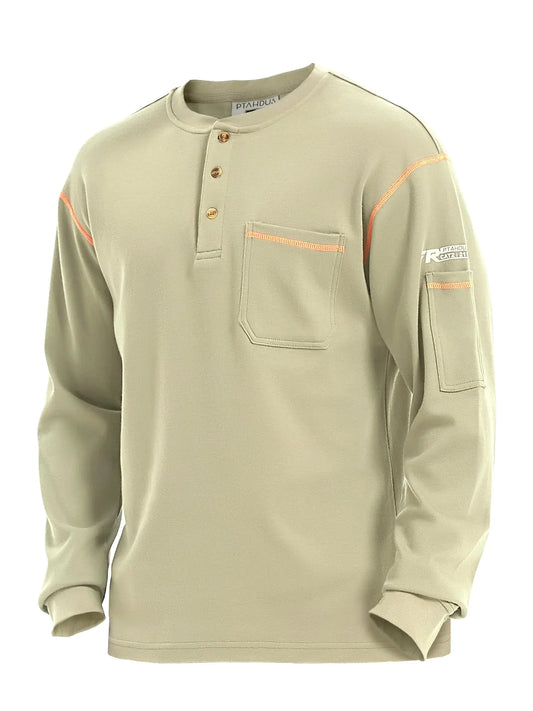 PTAHDUS FR Shirts for Men 7.1oz CAT2/HRC2 Flame Resistant Shirts Long Sleeve 100% Cotton FR Clothing for Men (7.1oz Orange/Khaki Medium)