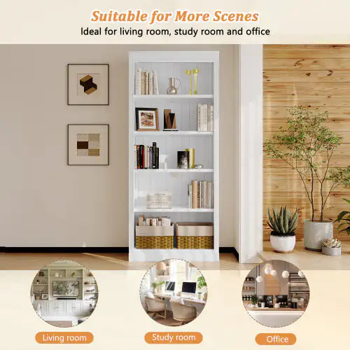5-Tier Solid Wood Bookshelf – Adjustable Freestanding Storage (White)