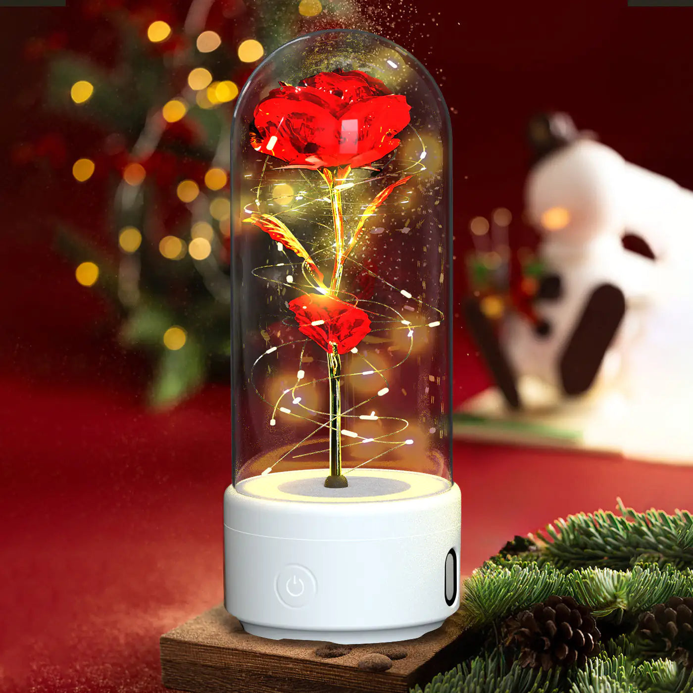 Rosas creativas 2 en 1 con luz LED y altavoz Bluetooth, luz nocturna luminosa con forma de rosa y cubierta de cristal.