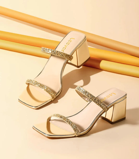 Sandalias de tacón cuadrado Leevar para mujer - Tacones bajos de bloque - Tacones gruesos de 5,7 cm con tiras en el tobillo y punta abierta - Sandalias de tacón tipo mule - Tacones negros con tiras para fiesta, boda, vestido, 18,5 cm, brillo dorado
