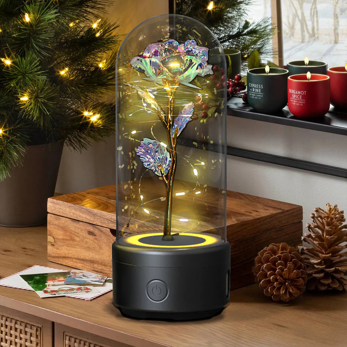 Rosas creativas 2 en 1 con luz LED y altavoz Bluetooth, luz nocturna luminosa con forma de rosa y cubierta de cristal.