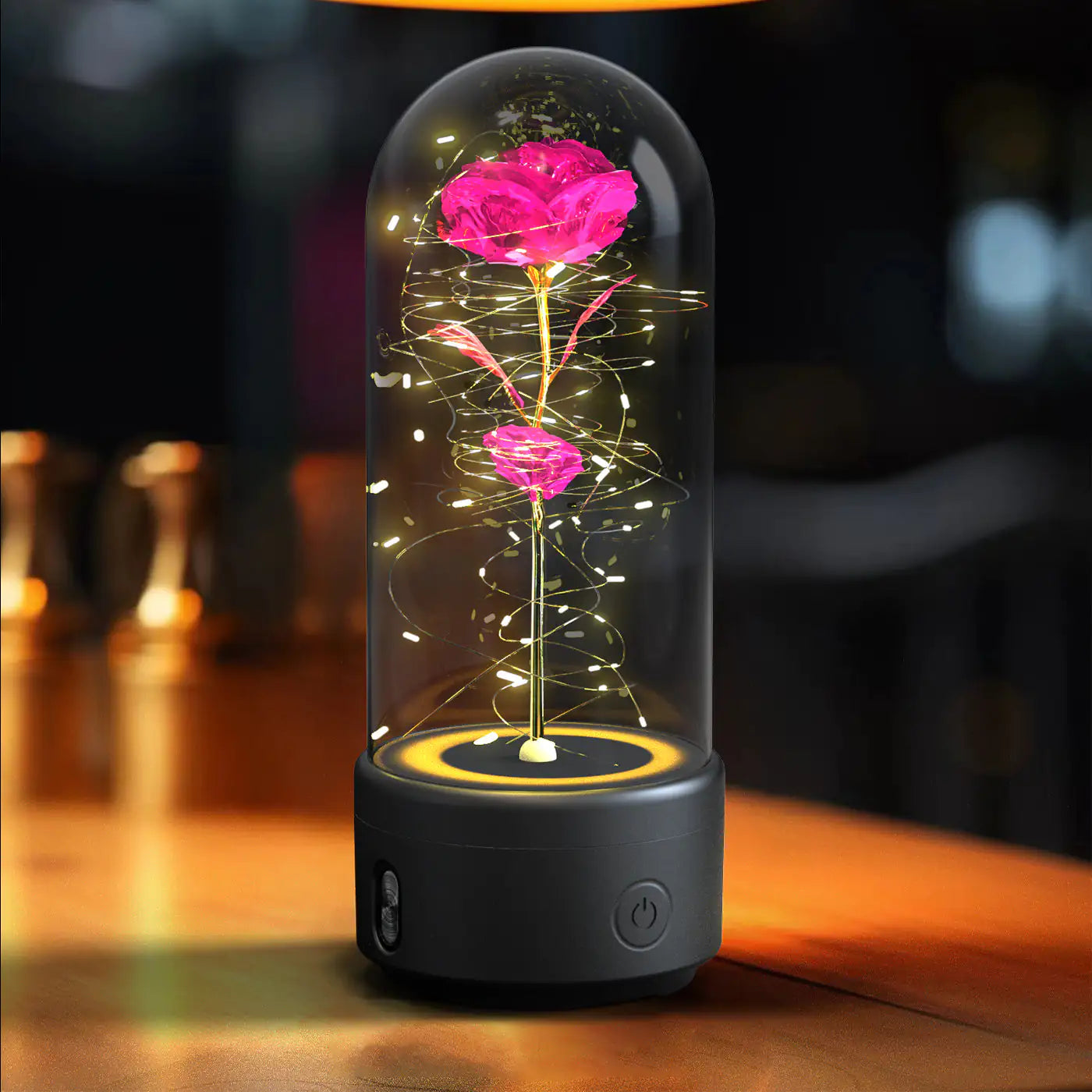 Rosas creativas 2 en 1 con luz LED y altavoz Bluetooth, luz nocturna luminosa con forma de rosa y cubierta de cristal.