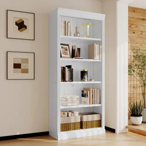 5-Tier Solid Wood Bookshelf – Adjustable Freestanding Storage (White)