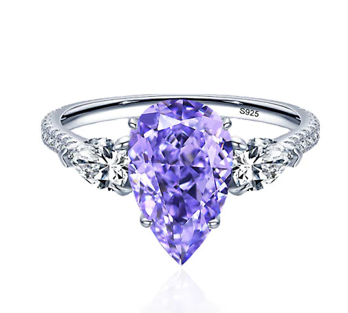 Drop-Shaped Diamond Ring in Sterling Silver – Purple, White & Yellow Options