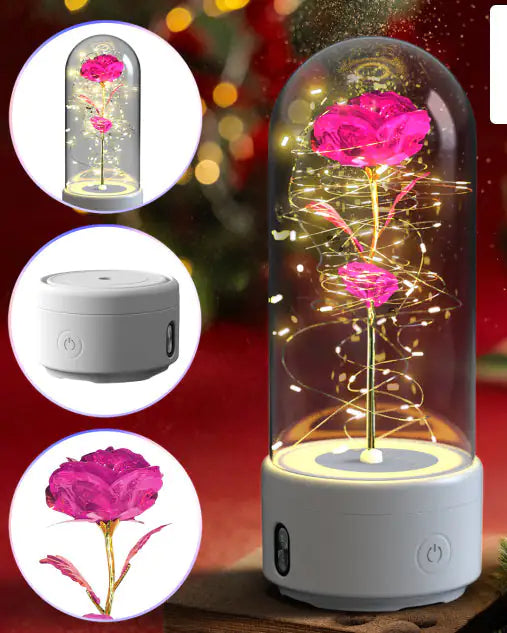 Rosas creativas 2 en 1 con luz LED y altavoz Bluetooth, luz nocturna luminosa con forma de rosa y cubierta de cristal.