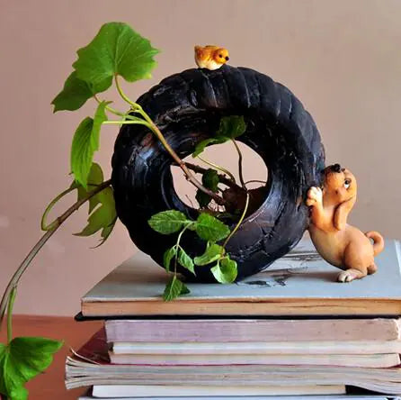 Realistic Dog Figurine with Flower Pot – Cute Desktop Decor