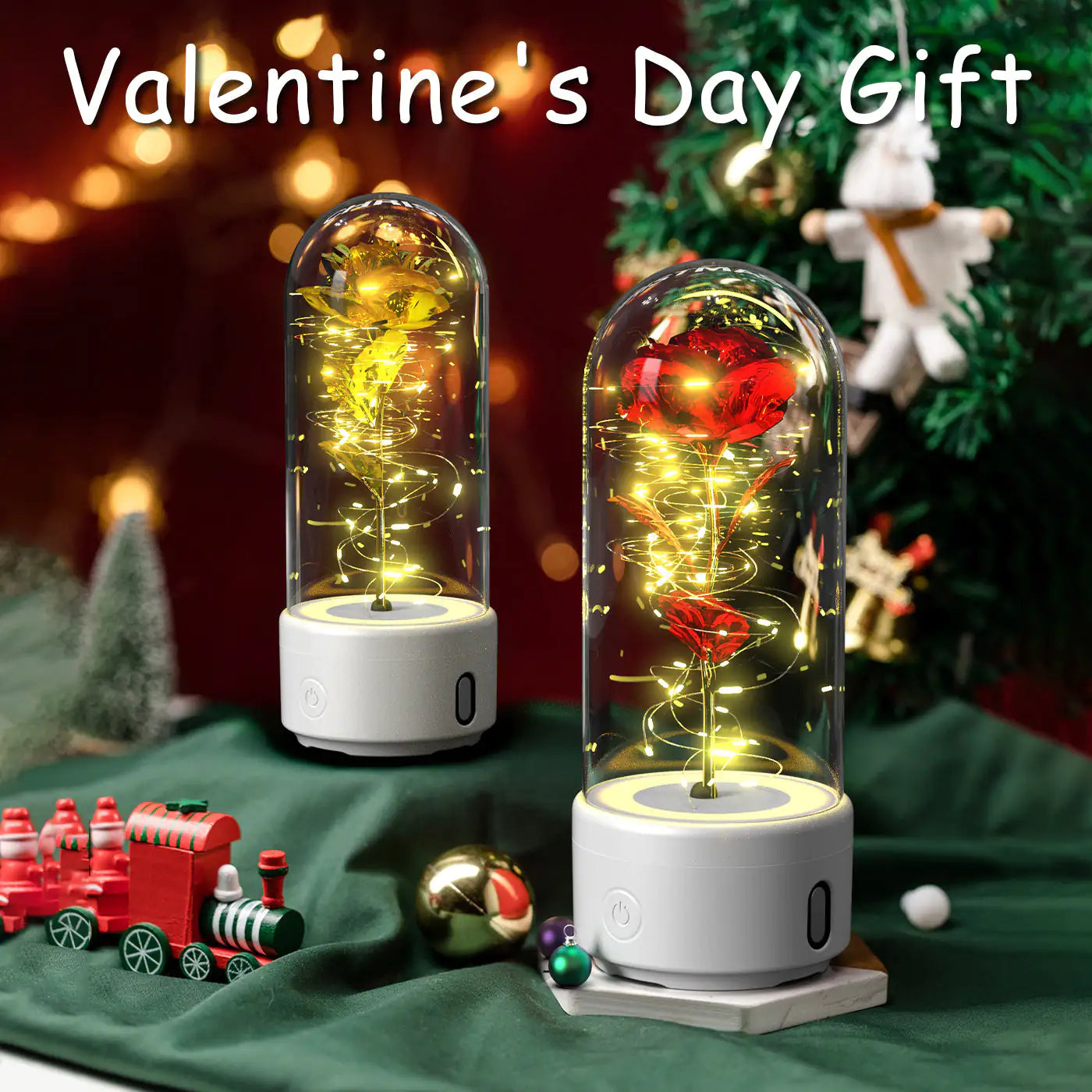 Rosas creativas 2 en 1 con luz LED y altavoz Bluetooth, luz nocturna luminosa con forma de rosa y cubierta de cristal.