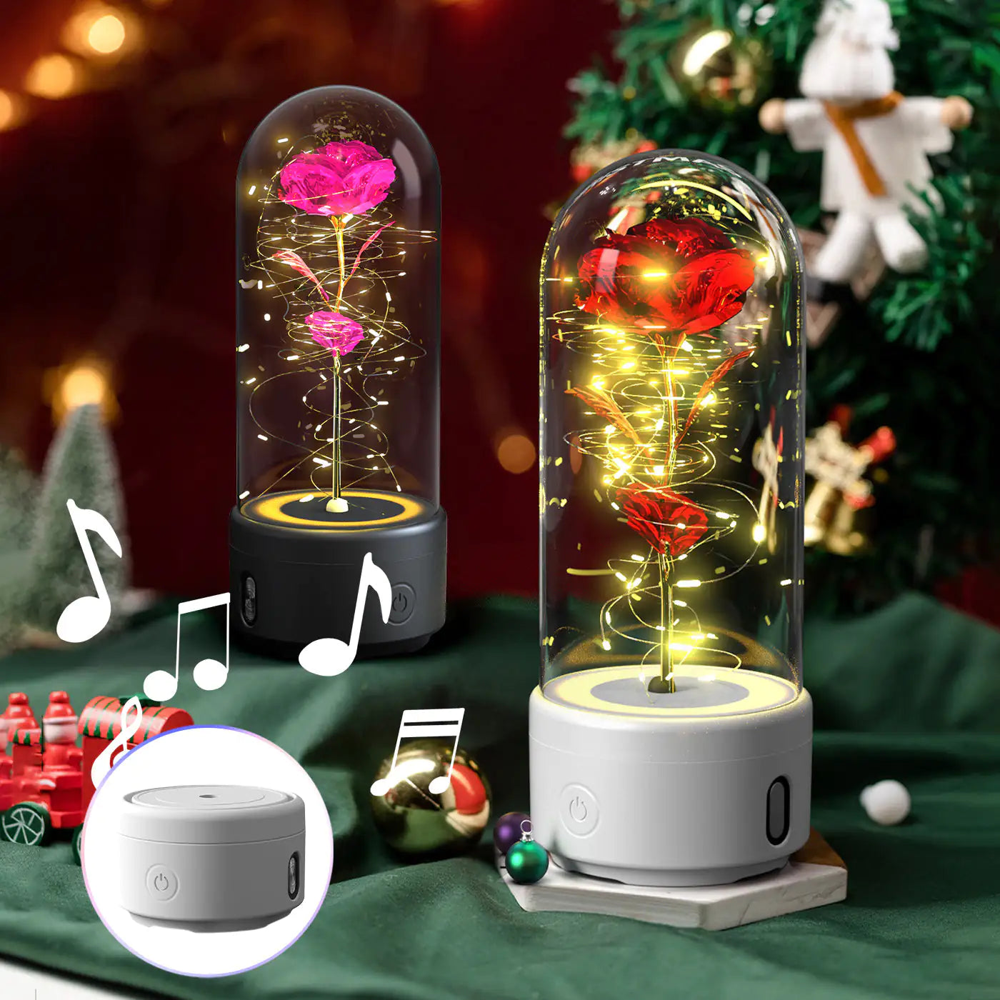 Rosas creativas 2 en 1 con luz LED y altavoz Bluetooth, luz nocturna luminosa con forma de rosa y cubierta de cristal.