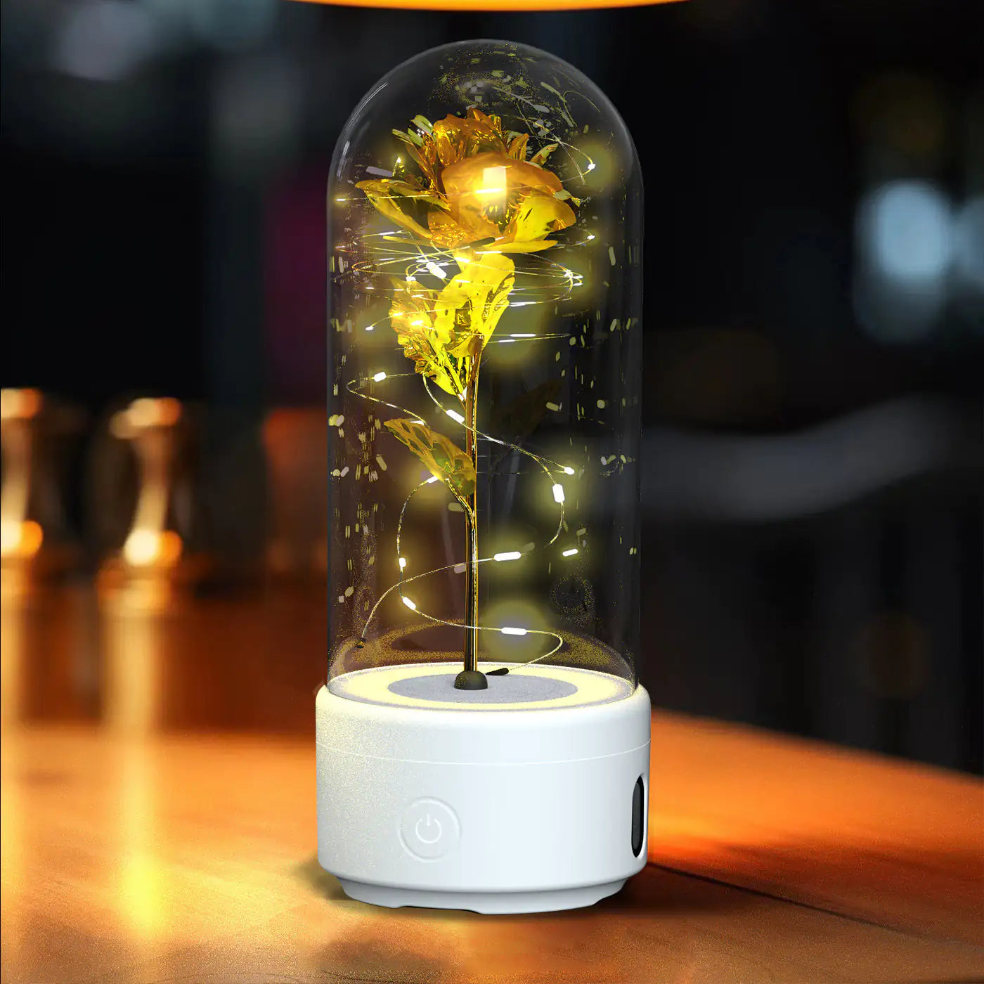 Rosas creativas 2 en 1 con luz LED y altavoz Bluetooth, luz nocturna luminosa con forma de rosa y cubierta de cristal.