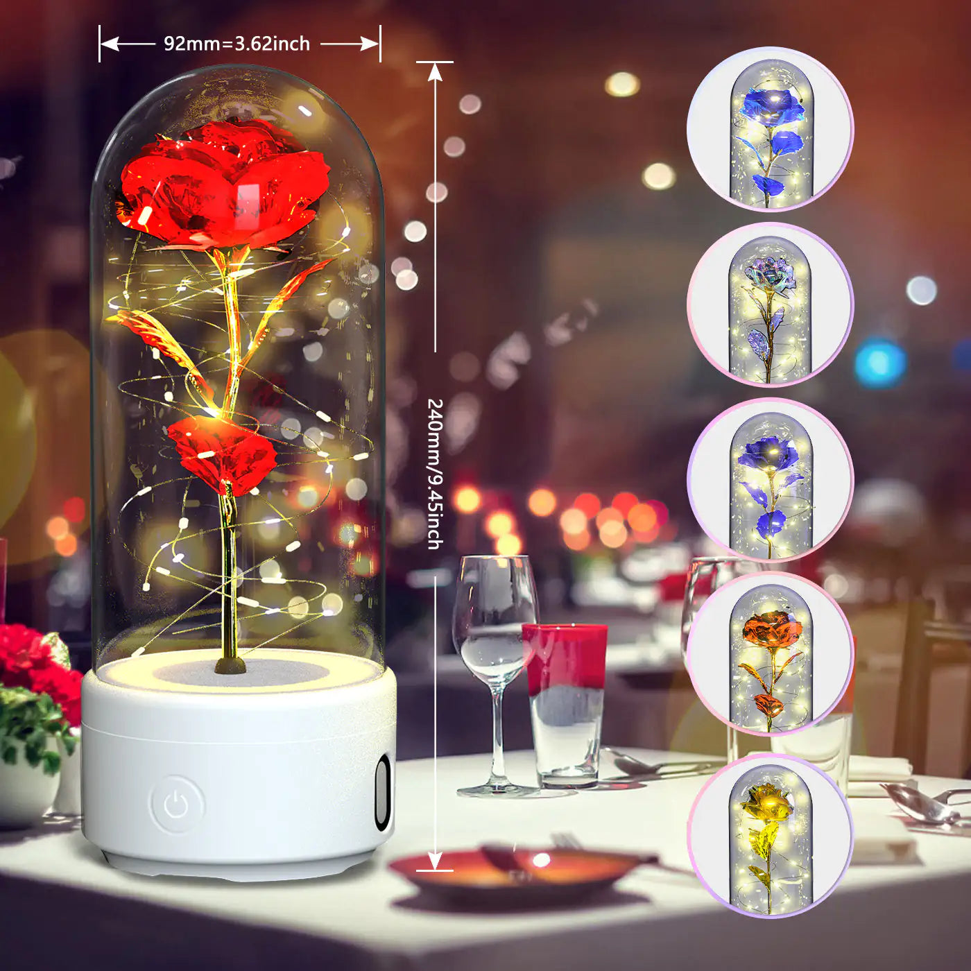 Rosas creativas 2 en 1 con luz LED y altavoz Bluetooth, luz nocturna luminosa con forma de rosa y cubierta de cristal.