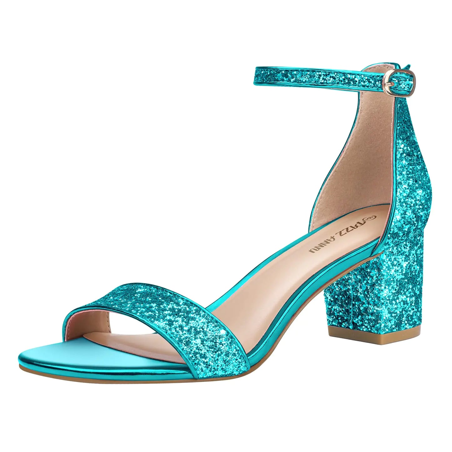 PIZZ ANNU Sandales à talons épais et bas pour femmes, confortables, à bout ouvert, avec bride à la cheville, chaussures de soirée, sandales à talons avec boucle et talon épais de 5 cm de haut, design 6 paillettes bleues
