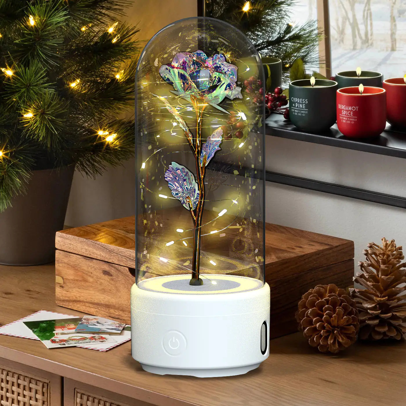 Rosas creativas 2 en 1 con luz LED y altavoz Bluetooth, luz nocturna luminosa con forma de rosa y cubierta de cristal.