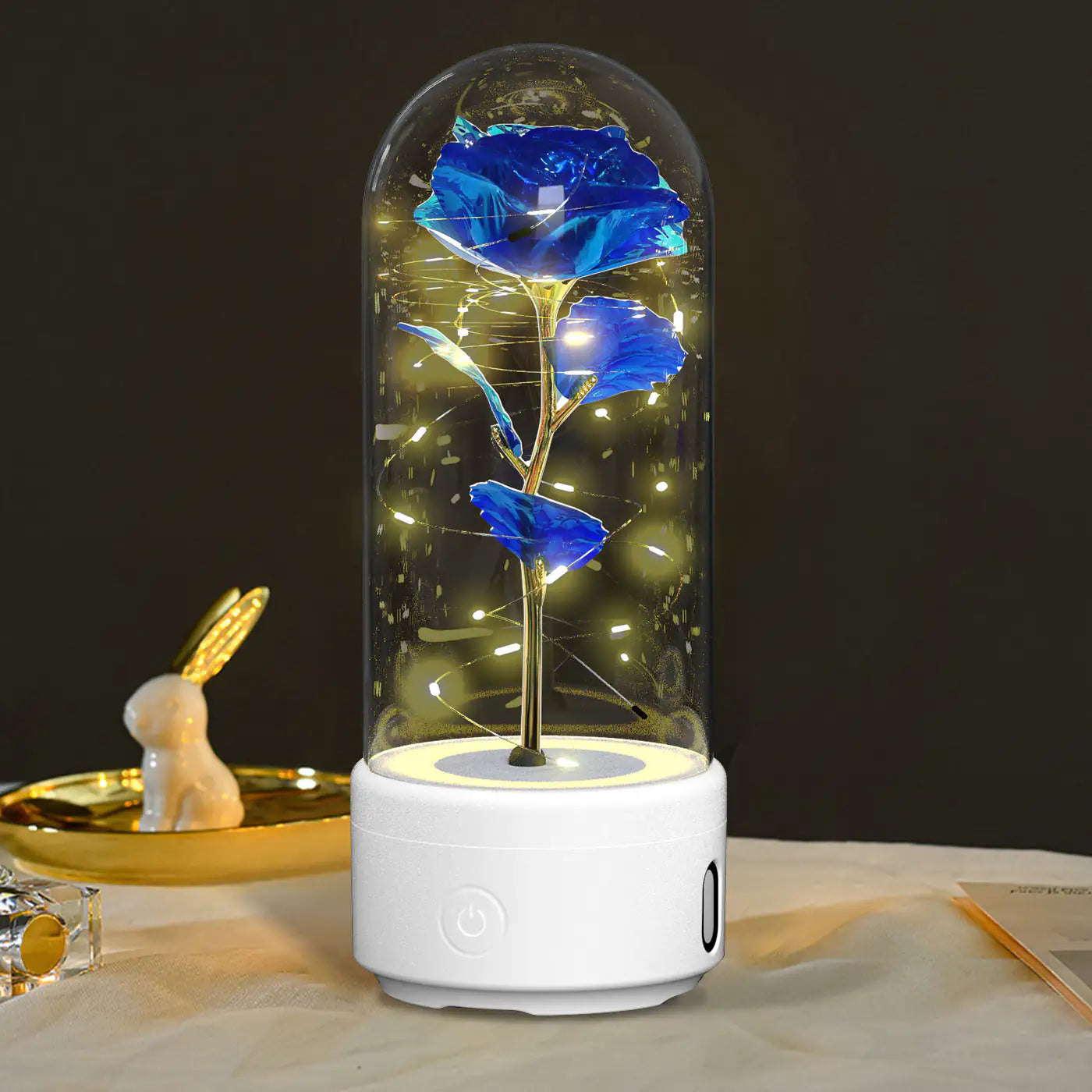 Rosas creativas 2 en 1 con luz LED y altavoz Bluetooth, luz nocturna luminosa con forma de rosa y cubierta de cristal.