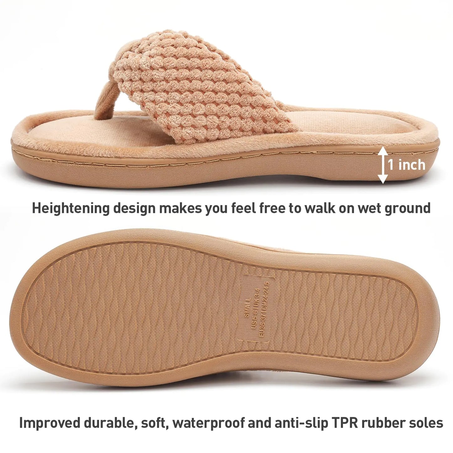 Parlovable Tongs pour femmes en mousse à mémoire de forme, chaussures d'intérieur confortables et respirantes à bout ouvert, semelles en caoutchouc antidérapantes, pour l'intérieur et l'extérieur, pointure 39-40, camel