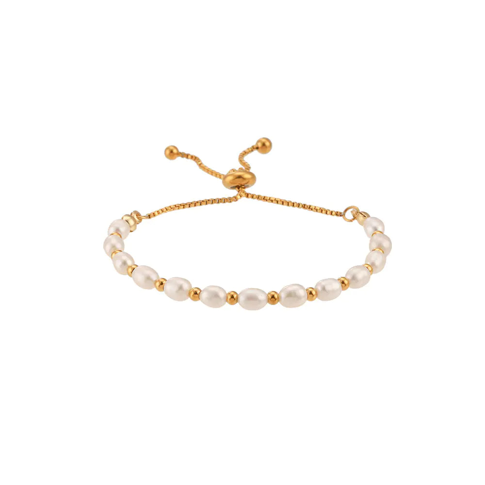 18k Stainless Steel Freshwater Pearl Drawstring Bracelet – Pearl Gold