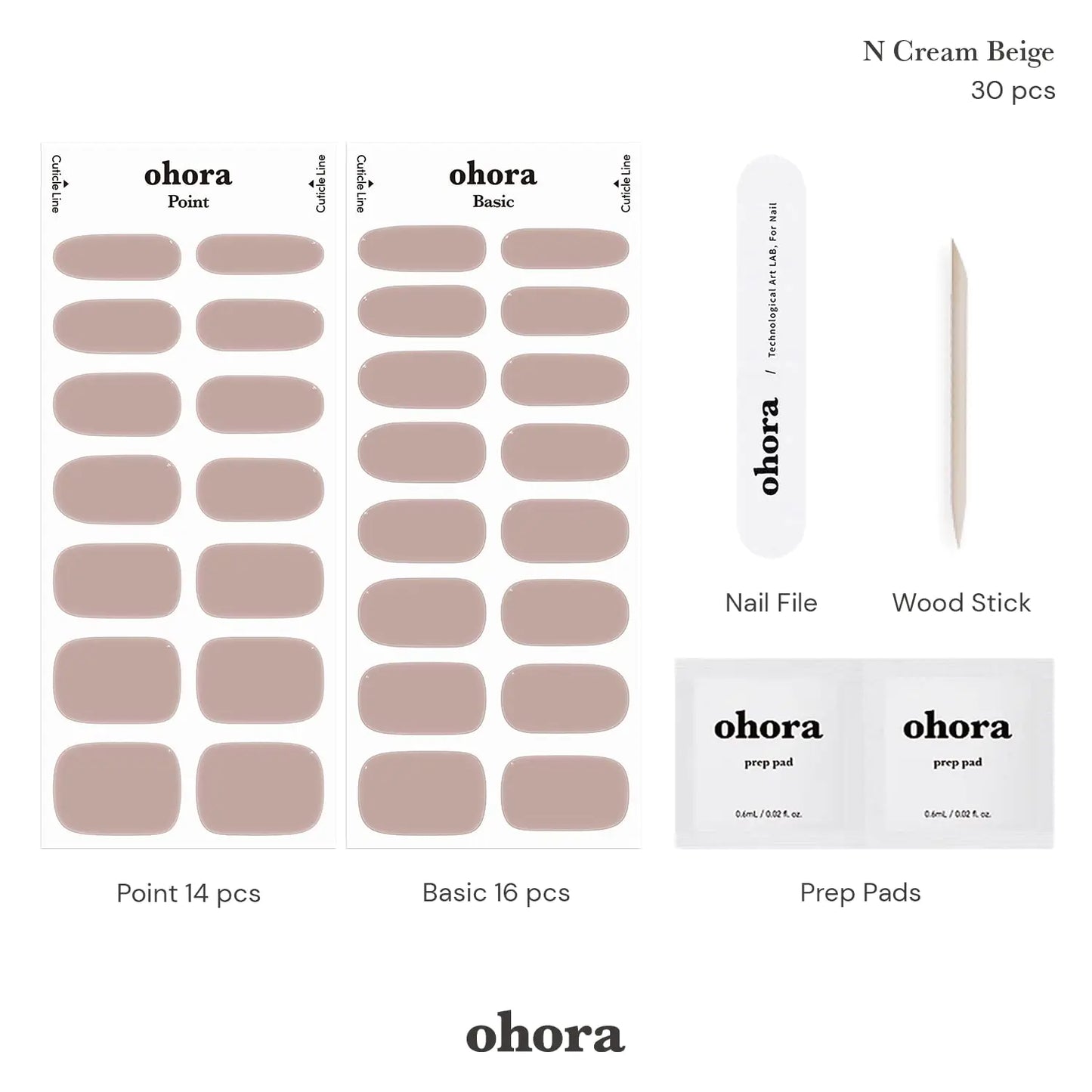 ohora Semi Cured Gel Nail Strips (N Cream Beige) - Nude, Solid, Works with Any UV/LED Nail Lamps, Salon-Quality, Long Lasting, Easy to Apply & Remove - Includes 2 Prep Pads, Nail File & Wooden Stick 01. N Cream Beige