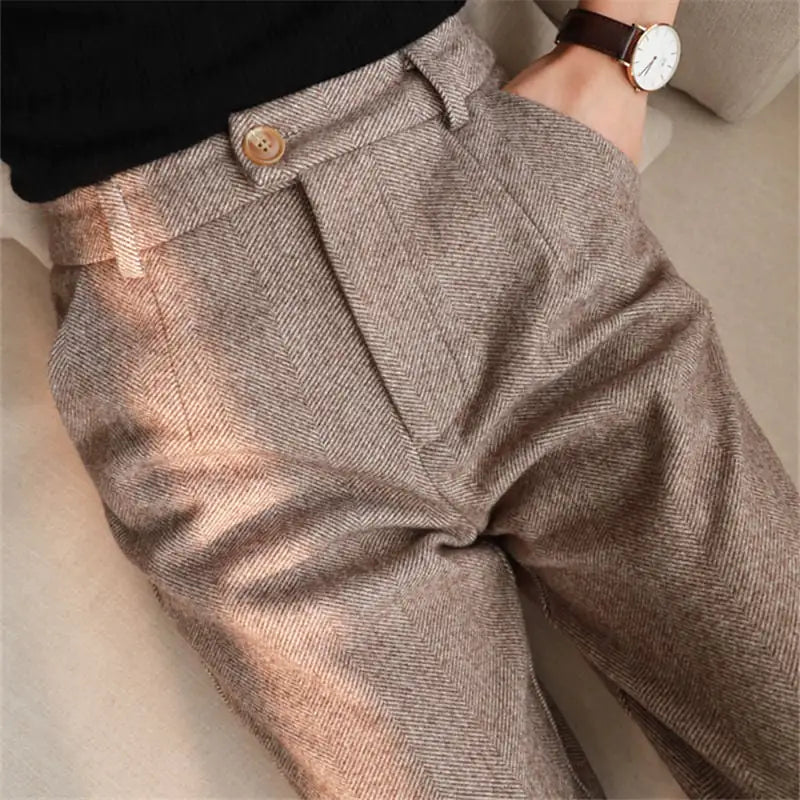 Women’s Casual Woolen Herringbone Trousers – Winter Style