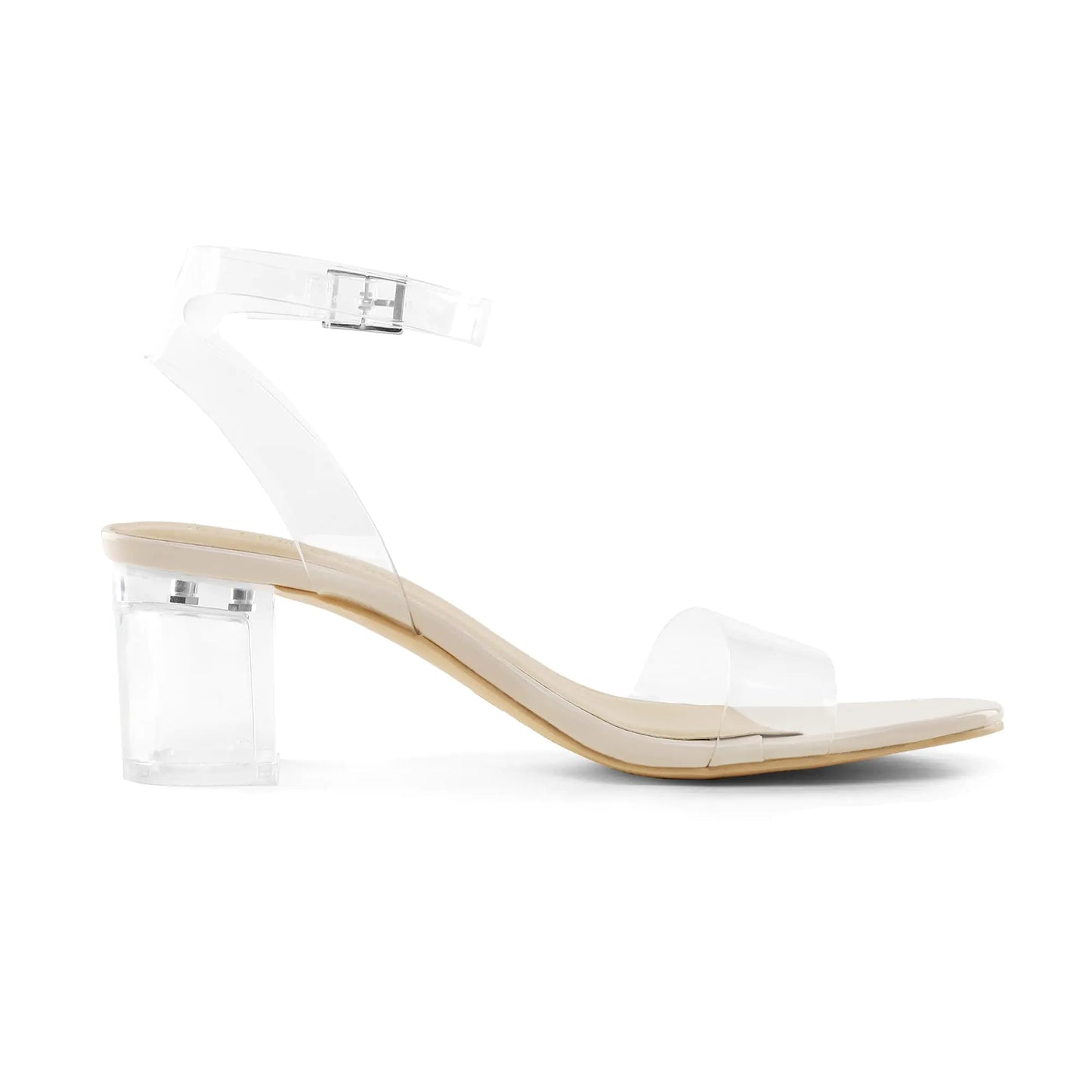 DREAM PAIRS Sandales à talons épais et bout ouvert pour femme, bride à la cheville, style robe de soirée, escarpins, pointure 9, couleur chair/transparent