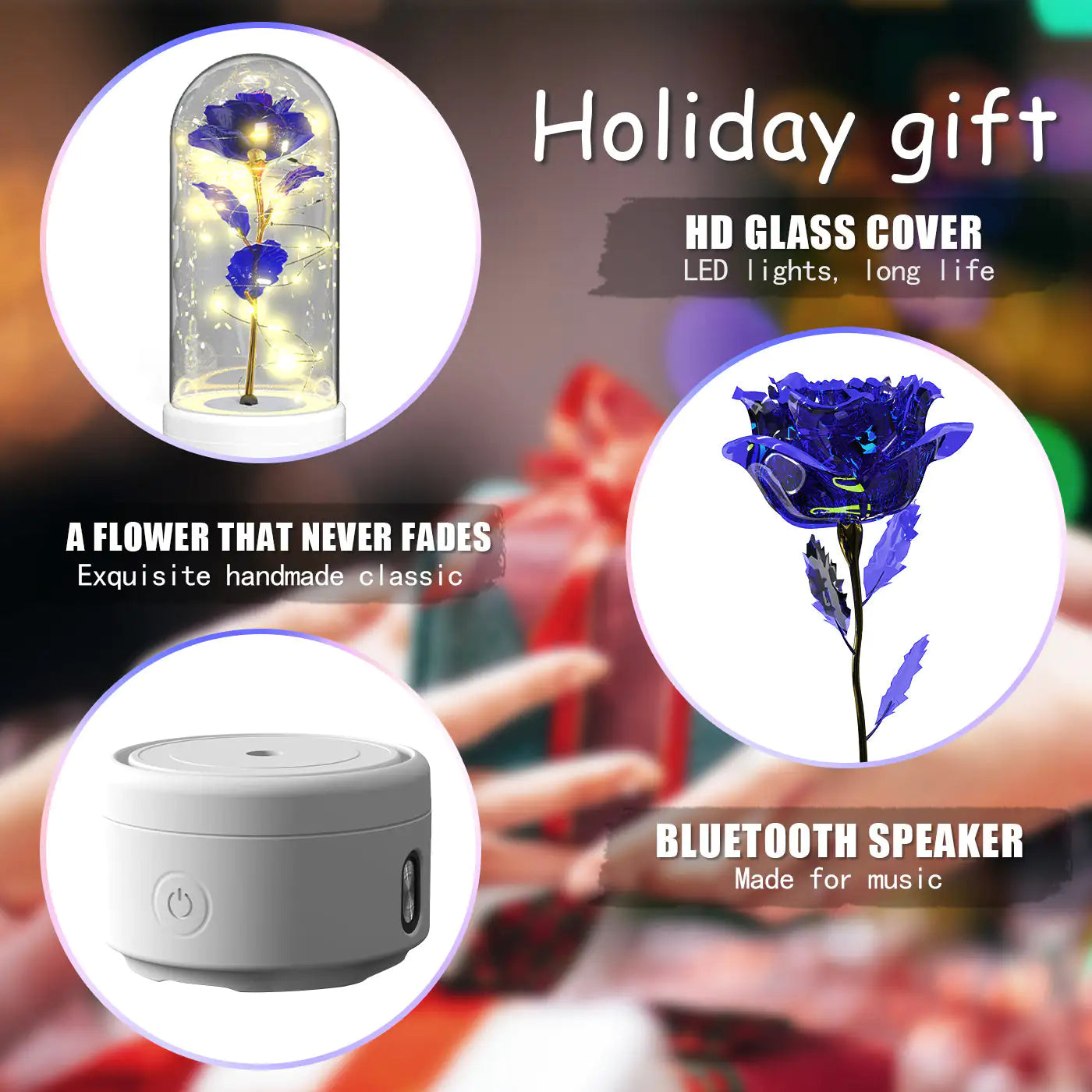 Rosas creativas 2 en 1 con luz LED y altavoz Bluetooth, luz nocturna luminosa con forma de rosa y cubierta de cristal.