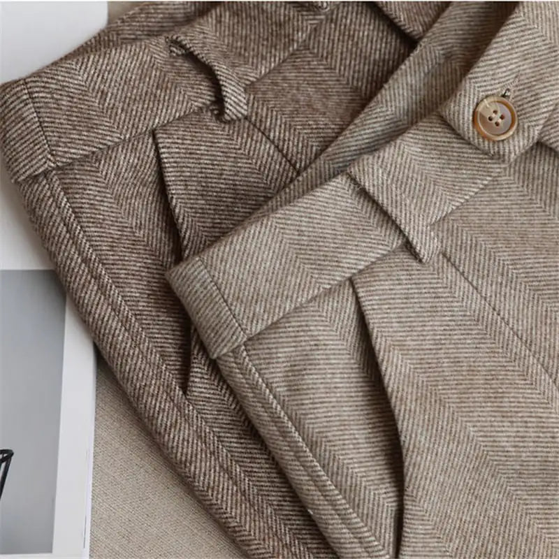 Women’s Casual Woolen Herringbone Trousers – Winter Style