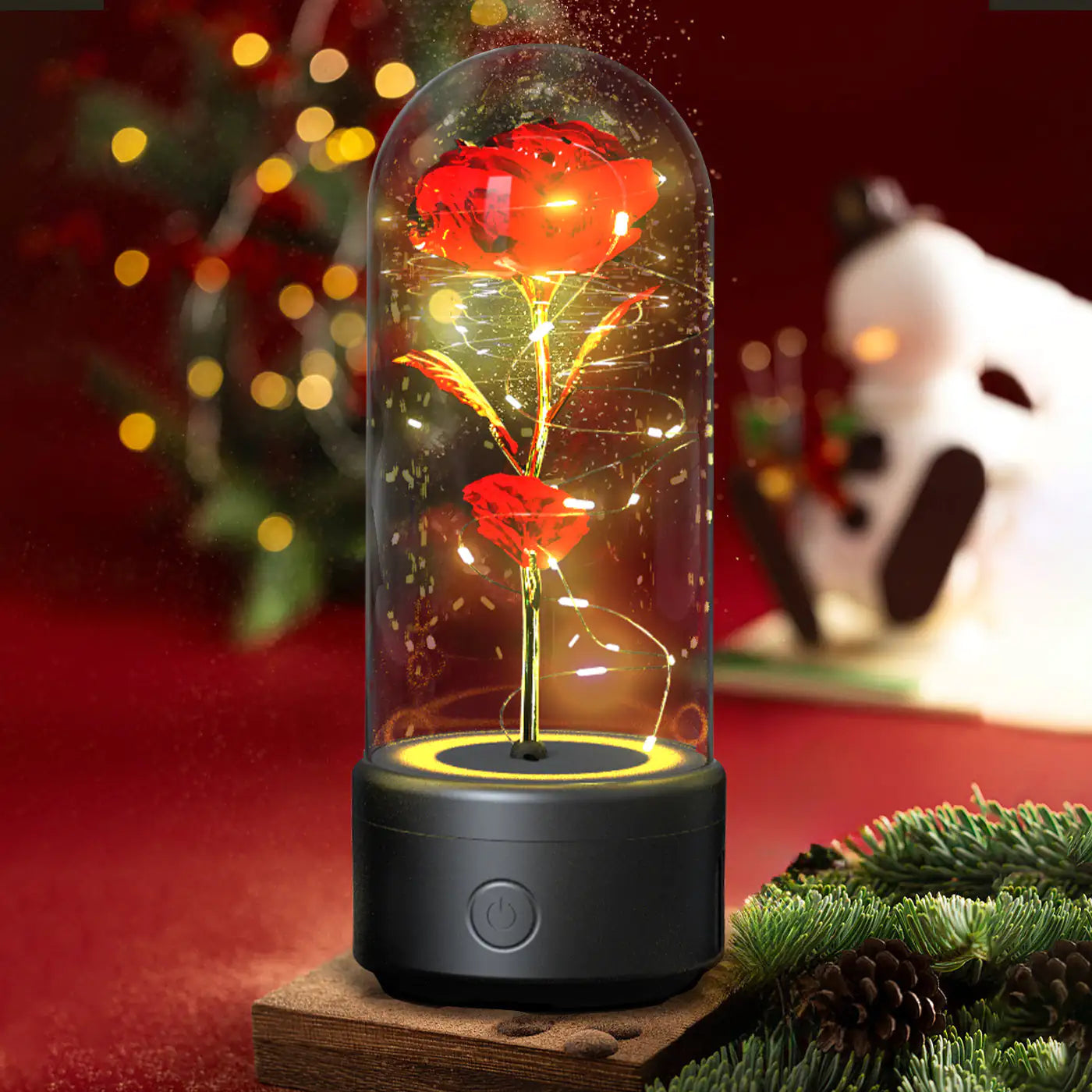 Rosas creativas 2 en 1 con luz LED y altavoz Bluetooth, luz nocturna luminosa con forma de rosa y cubierta de cristal.