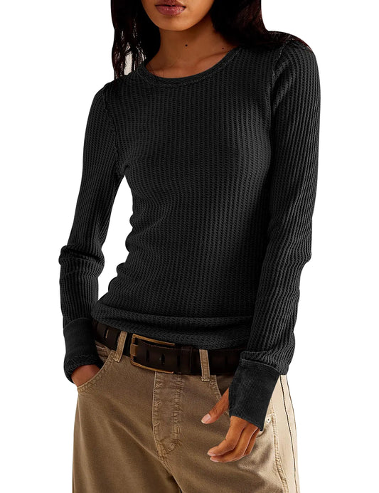 Camisetas de punto gofre para mujer, camisas de manga larga, informales, ajustadas, con cuello redondo, talla extra grande, negras