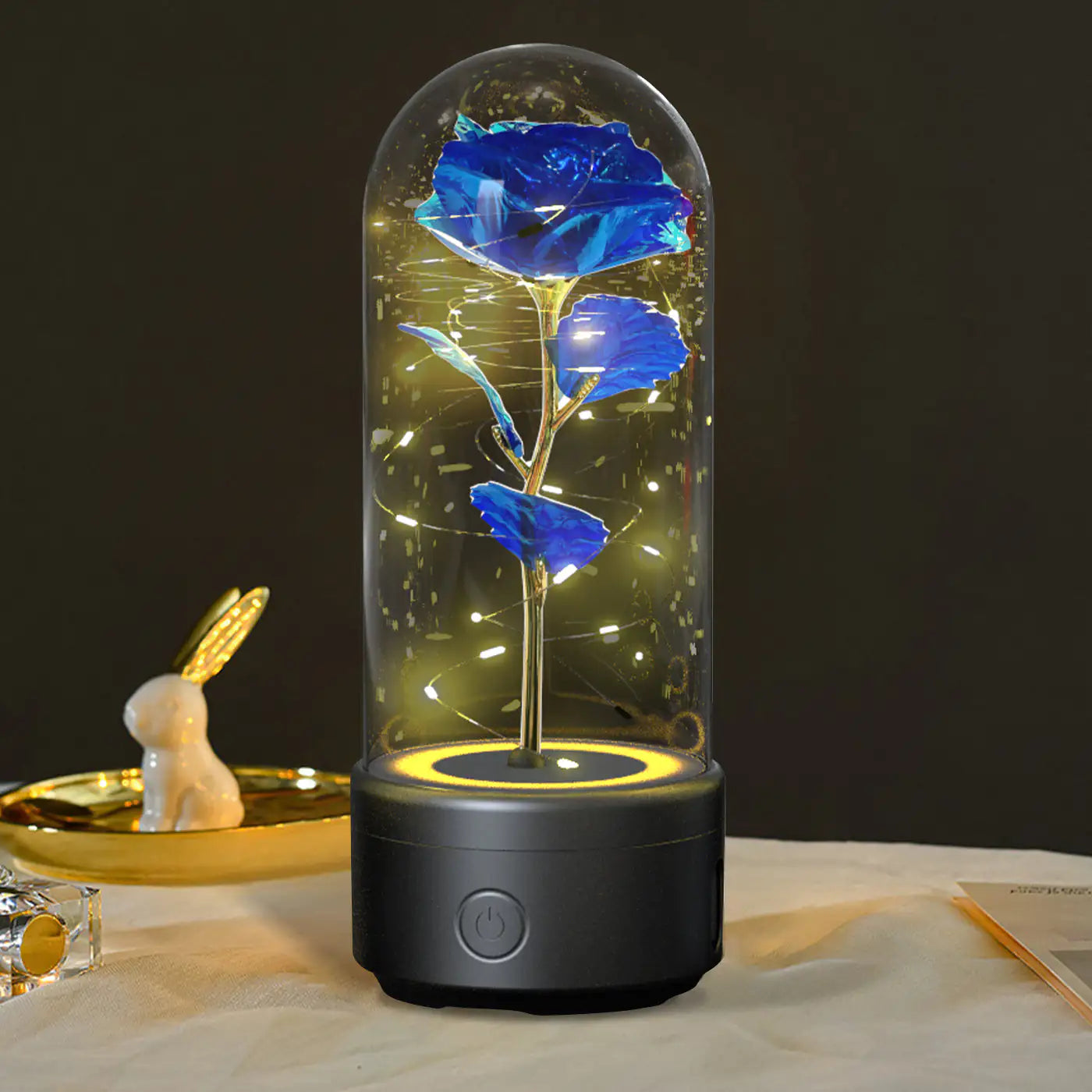 Rosas creativas 2 en 1 con luz LED y altavoz Bluetooth, luz nocturna luminosa con forma de rosa y cubierta de cristal.