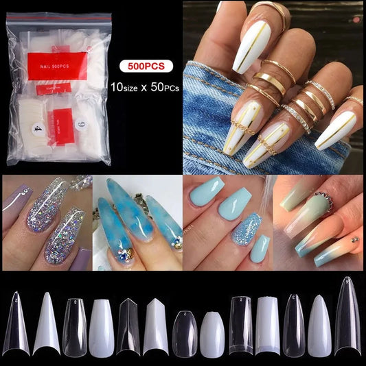 500 puntas de uñas postizas acrílicas naturales transparentes - Cobertura total/media