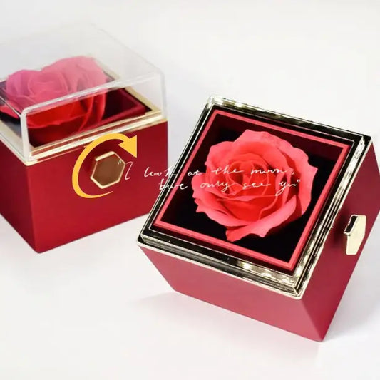 Caja de regalo con forma de rosa y flor de jabón giratoria, embalaje creativo para joyas con forma de rosa giratoria.