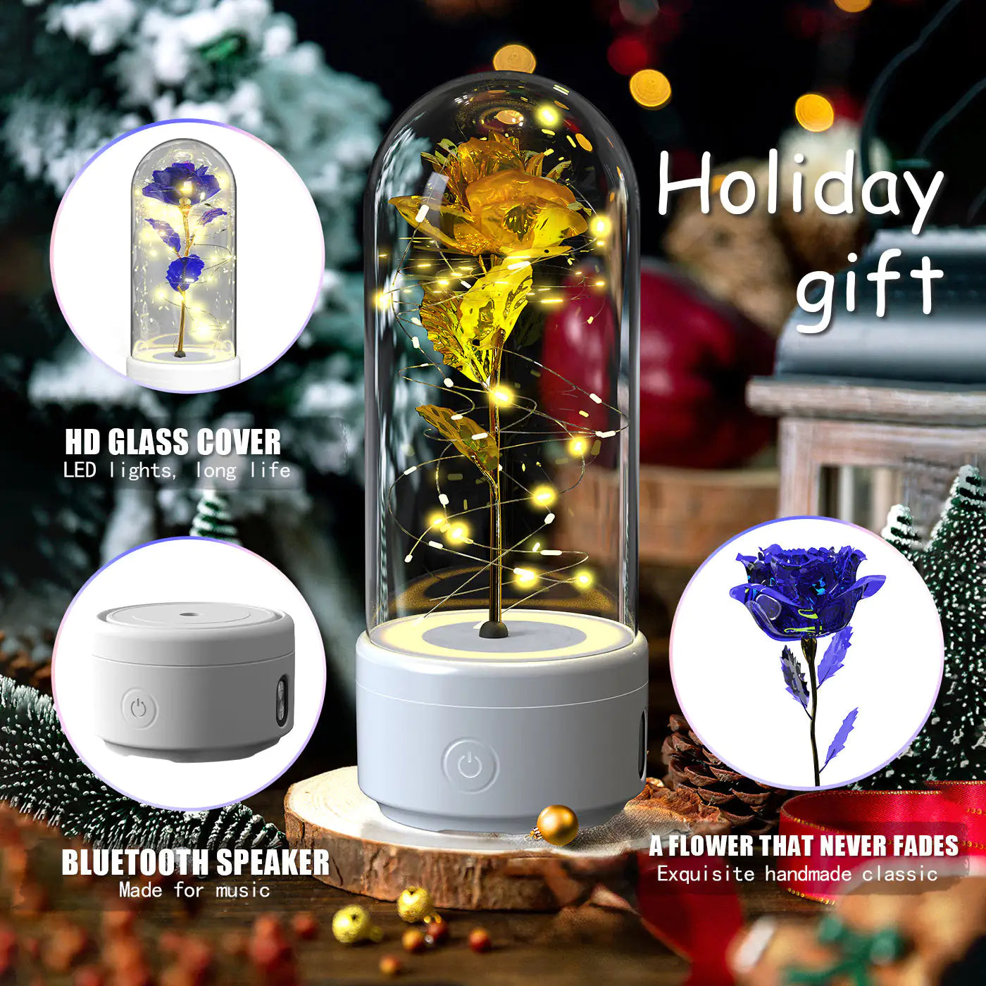 Rosas creativas 2 en 1 con luz LED y altavoz Bluetooth, luz nocturna luminosa con forma de rosa y cubierta de cristal.