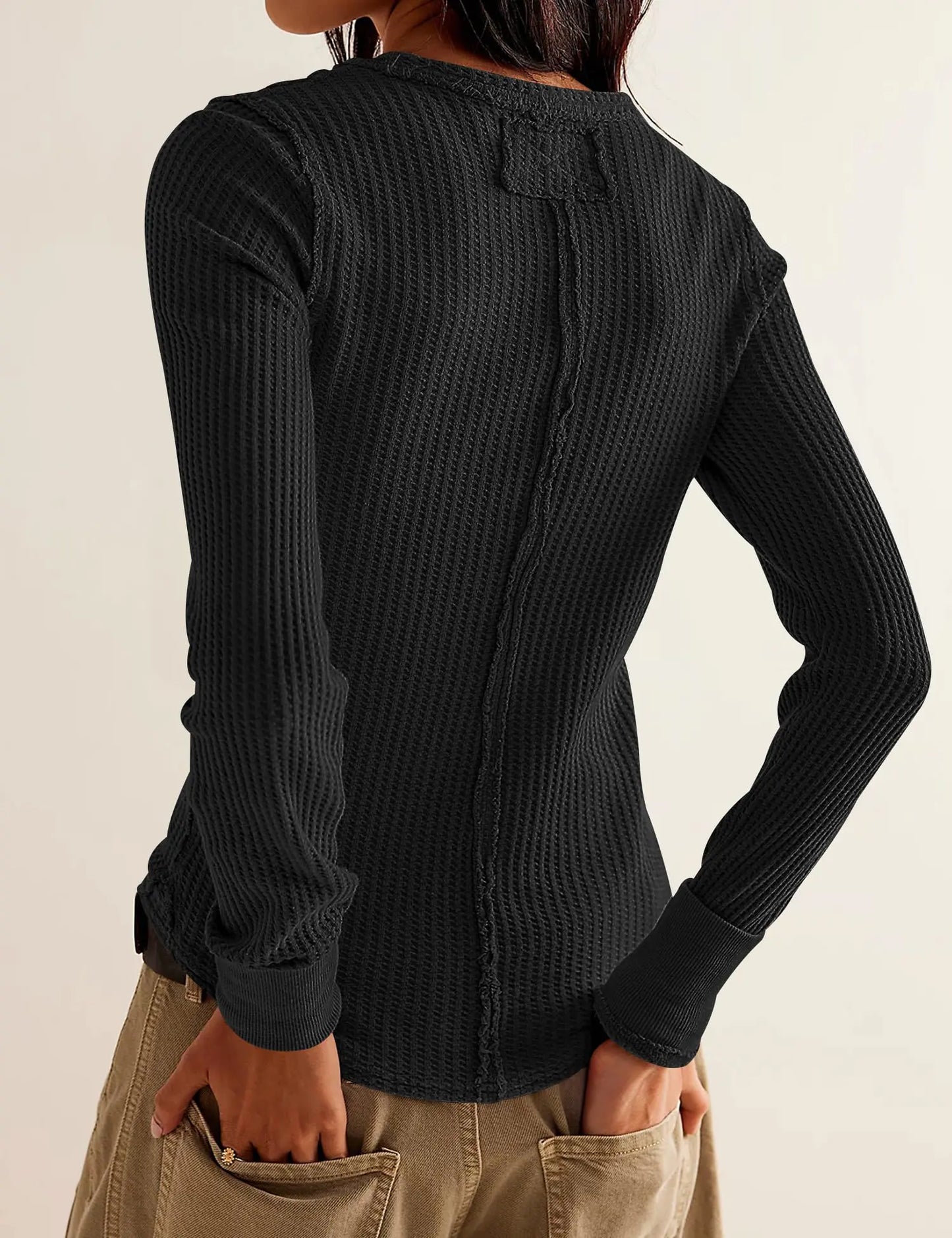 Camisetas de punto gofre para mujer, camisas de manga larga, informales, ajustadas, con cuello redondo, talla extra grande, negras