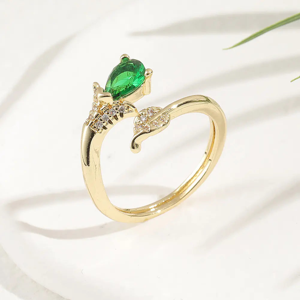 Copper Plated Gold Inlaid Zircon Fashion Ring – Green Adjustable