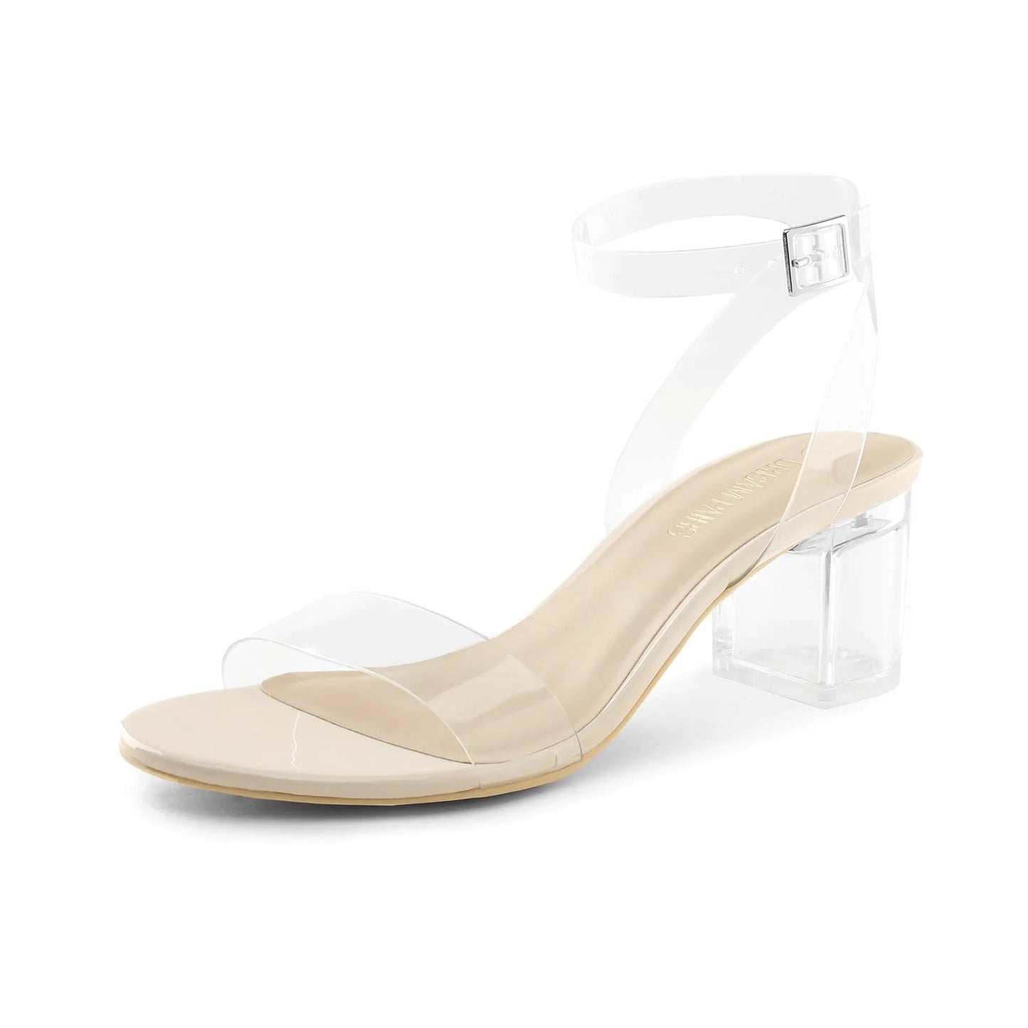DREAM PAIRS Sandales à talons épais et bout ouvert pour femme, bride à la cheville, style robe de soirée, escarpins, pointure 9, couleur chair/transparent