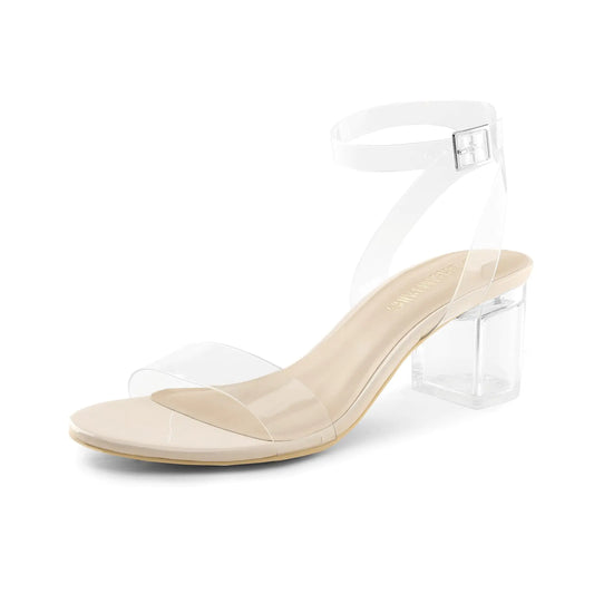 DREAM PAIRS Sandalias de tacón bajo y grueso con tiras al tobillo y punta abierta para mujer, zapatos de fiesta, talla 9, color piel/transparente