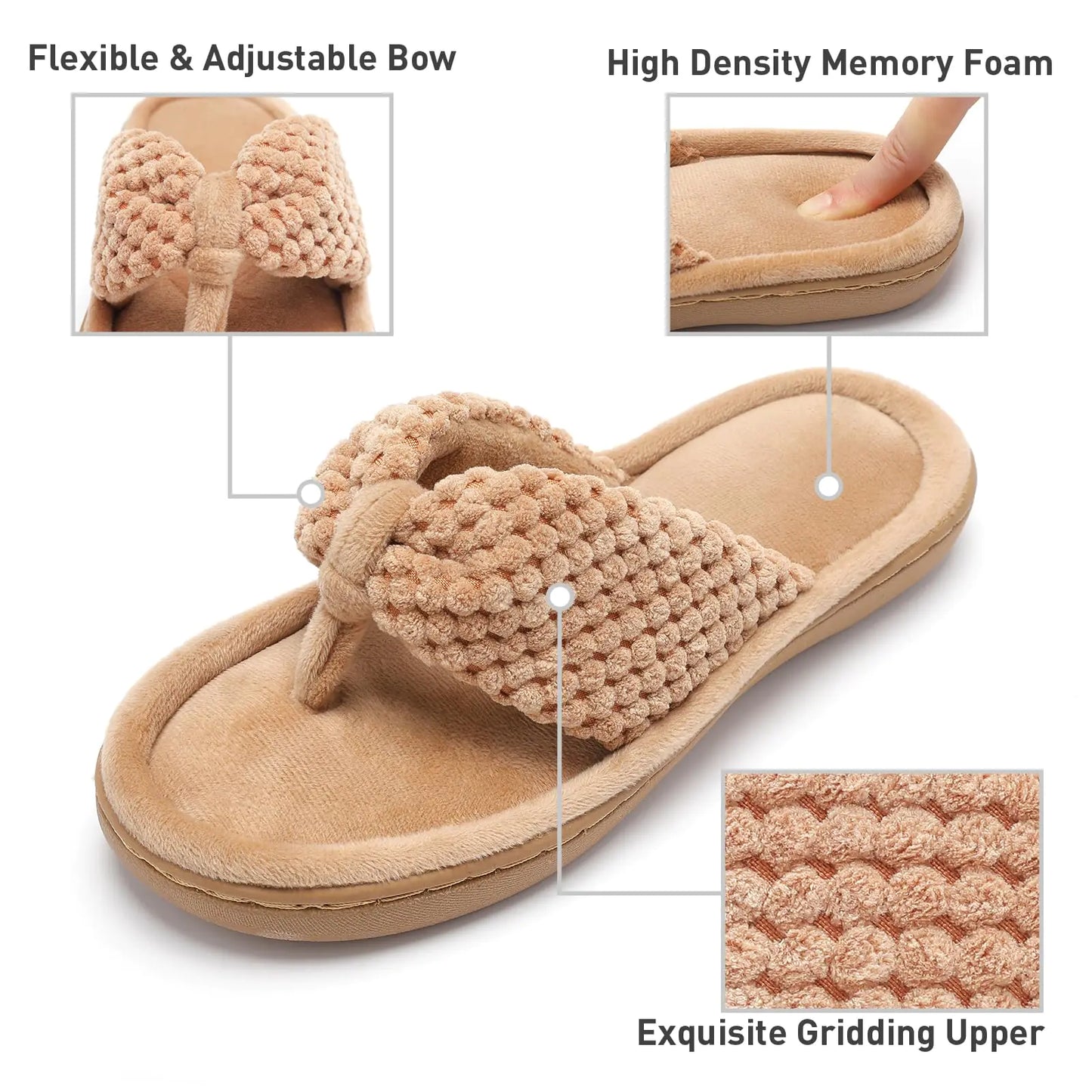 Parlovable Tongs pour femmes en mousse à mémoire de forme, chaussures d'intérieur confortables et respirantes à bout ouvert, semelles en caoutchouc antidérapantes, pour l'intérieur et l'extérieur, pointure 39-40, camel