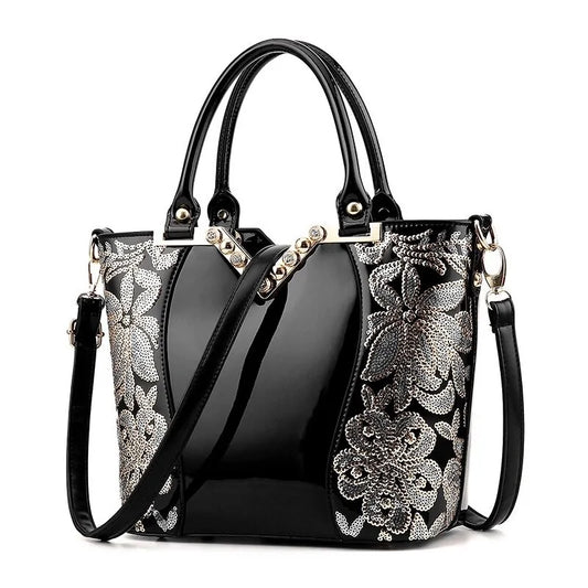 Bolso de mano de charol para mujer con bordado de lentejuelas de lujo