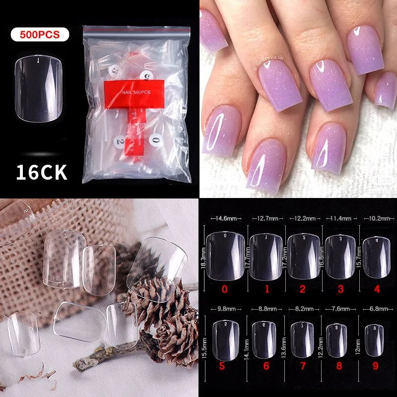 500pcs Natural Clear False Acrylic Nail Tips - Full/Half Cover Tips