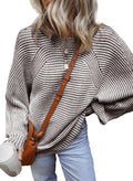 EVALESS Womens Sweaters Fall Outfits Long Sleeve Chunky Knit Tops Work Clothes Trendy 2024 Cute Boat Neck Batwing Sleeve Striped Pullover Sweater Winter Clothing Christmas Tops Brown XX-Large
