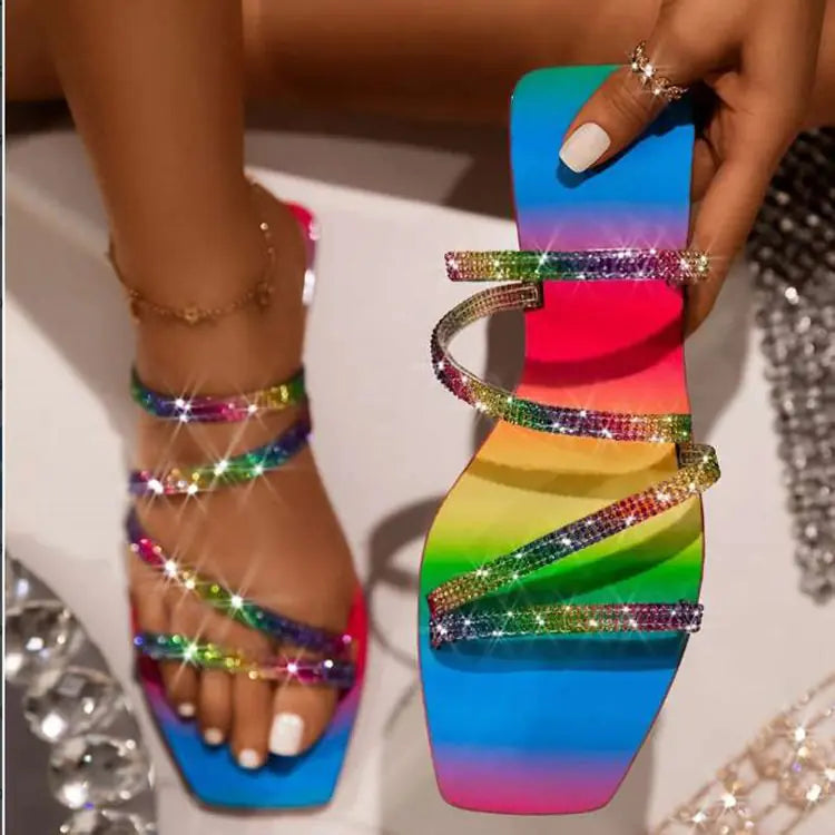Sandalias planas con diamantes: chanclas de playa con diamantes de imitación