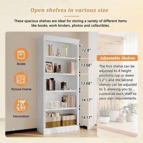 5 - Tier Solid Wood Bookshelf – Adjustable Freestanding Storage (White) - Trendy Home Mart