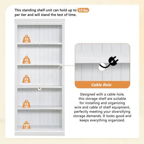 5 - Tier Solid Wood Bookshelf – Adjustable Freestanding Storage (White) - Trendy Home Mart