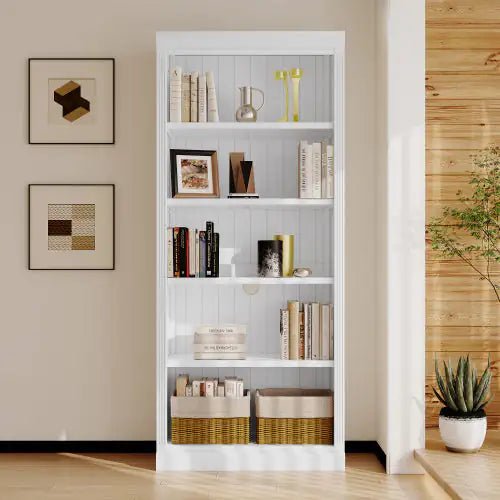 5 - Tier Solid Wood Bookshelf – Adjustable Freestanding Storage (White) - Trendy Home Mart