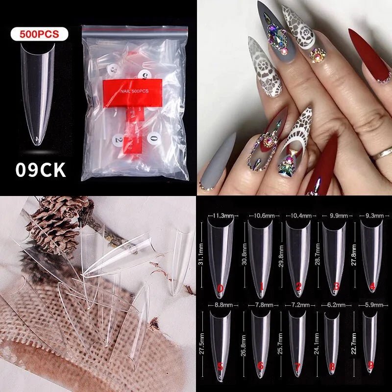 500pcs Natural Clear False Acrylic Nail Tips - Full/Half Cover Tips - Trendy Home Mart