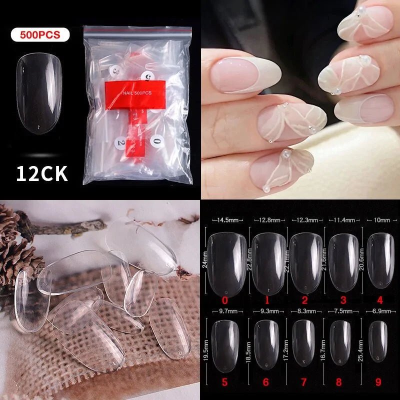 500pcs Natural Clear False Acrylic Nail Tips - Full/Half Cover Tips - Trendy Home Mart