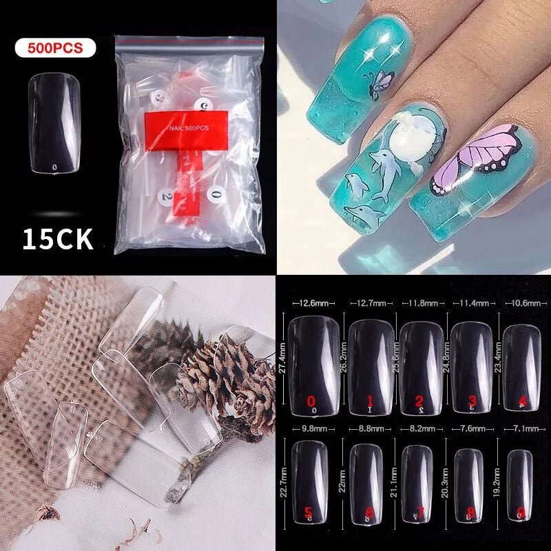 500pcs Natural Clear False Acrylic Nail Tips - Full/Half Cover Tips - Trendy Home Mart