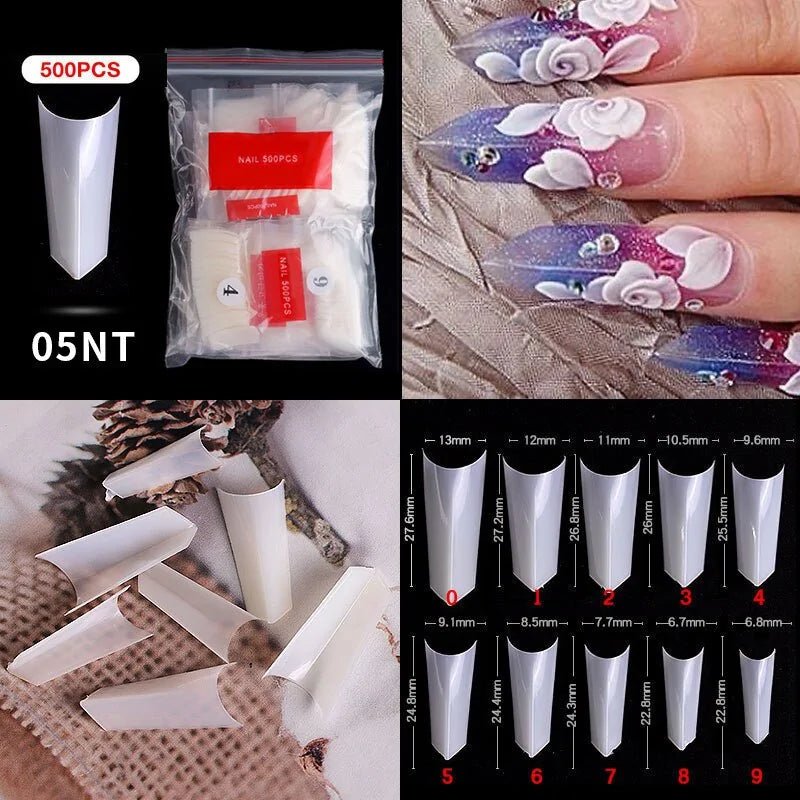 500pcs Natural Clear False Acrylic Nail Tips - Full/Half Cover Tips - Trendy Home Mart