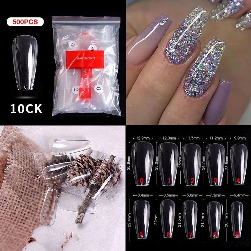 500pcs Natural Clear False Acrylic Nail Tips - Full/Half Cover Tips - Trendy Home Mart