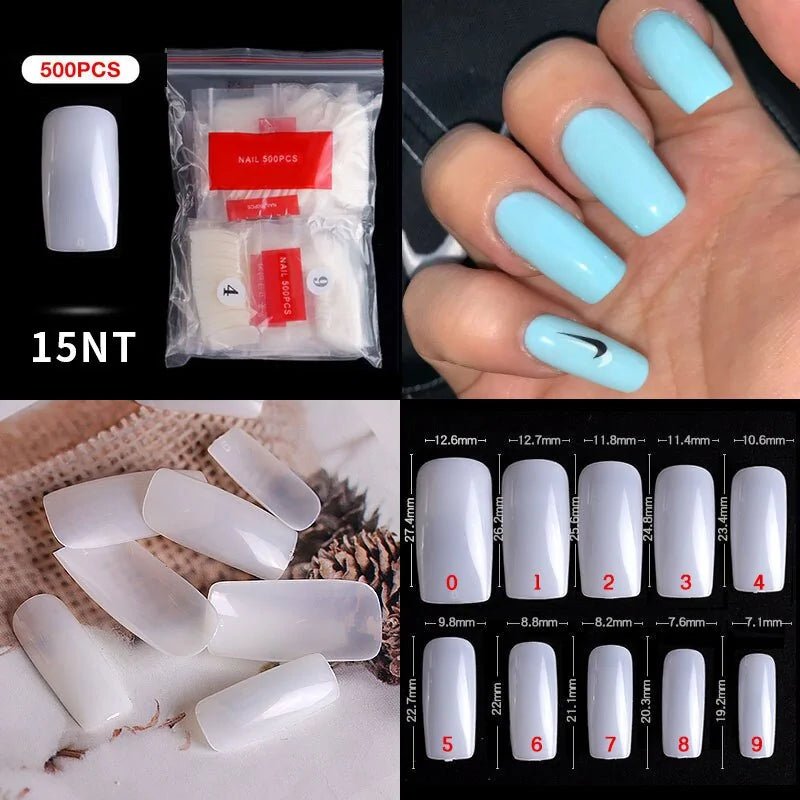 500pcs Natural Clear False Acrylic Nail Tips - Full/Half Cover Tips - Trendy Home Mart
