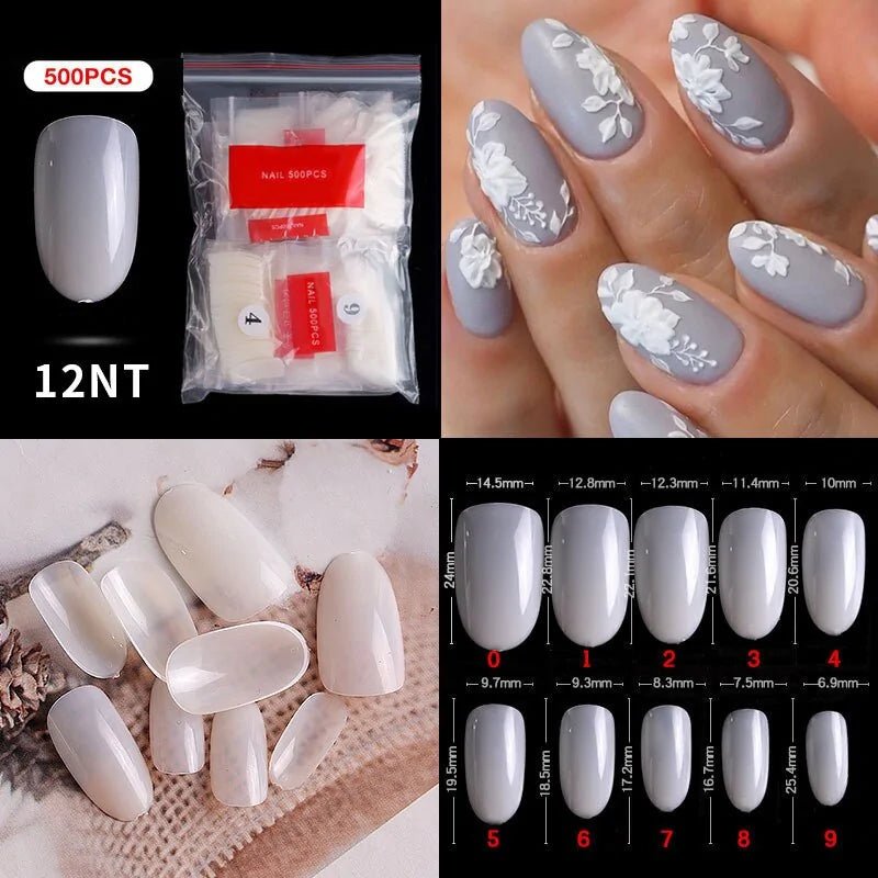 500pcs Natural Clear False Acrylic Nail Tips - Full/Half Cover Tips - Trendy Home Mart