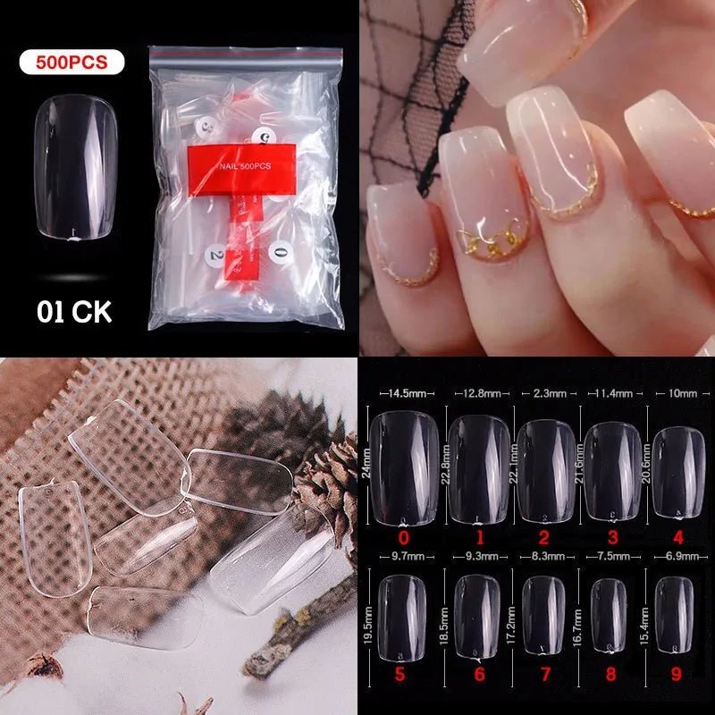 500pcs Natural Clear False Acrylic Nail Tips - Full/Half Cover Tips - Trendy Home Mart